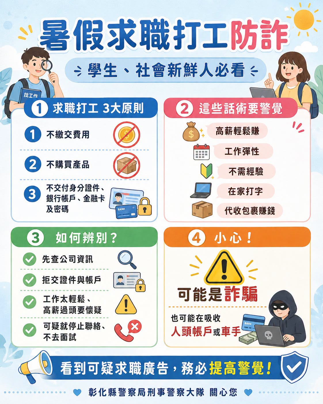 畢業季求職注意 暑假到了，許多學生、社會新鮮人準備找工作打工，小心詐騙集團也盯上你了！